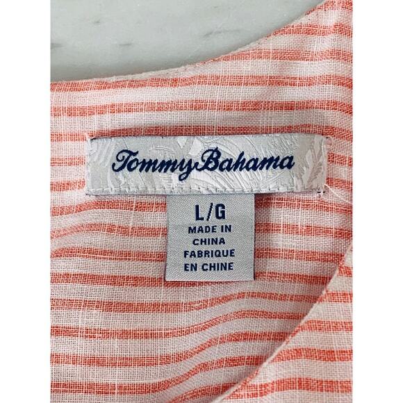 TOMMY BAHAMA Linen Shift Dress Large Peach Striped Sleeveless Fringe Pockets EUC - Picture 3 of 5
